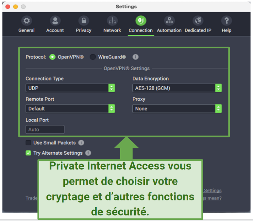 Graphic showing PIA security settings