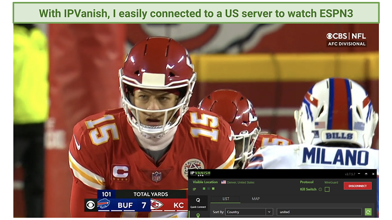 A screenshot of NFL streaming on ESPN3 using IPVanish's USA - Denver server