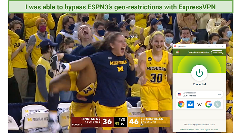 A screenshot of NCAA college basketball streaming on ESPN3 using ExpressVPN's USA - Phoenix server