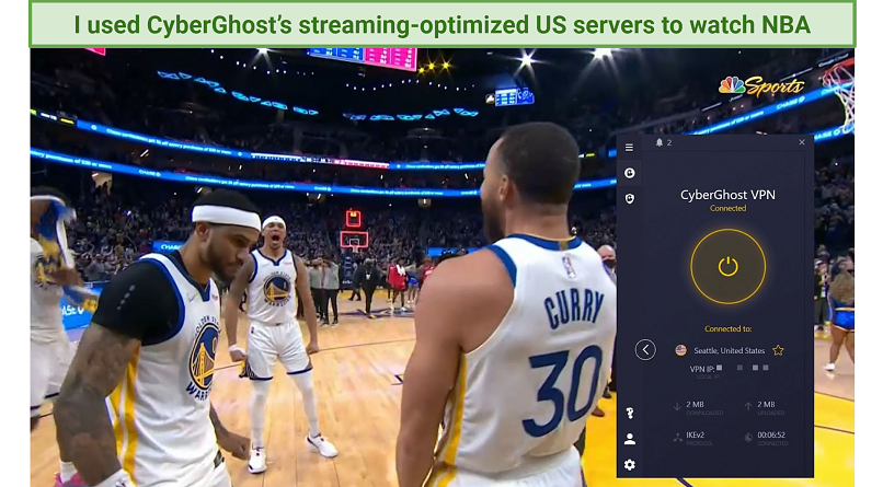 A screenshot of NBA streaming on ESPN3 using CyberGhost's USA - Seattle server