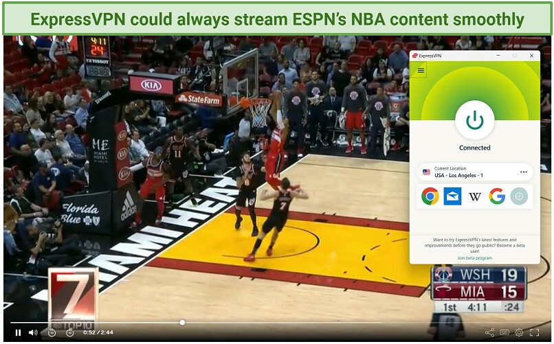 A screenshot of streaming NBA highlights on ESPN while connected to ExpressVPN's Los Angeles server.