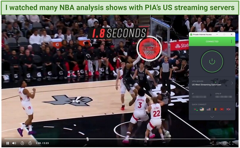 A screenshot of streaming NBA content on ESPN Plus while connected to PIA's US West streaming server.