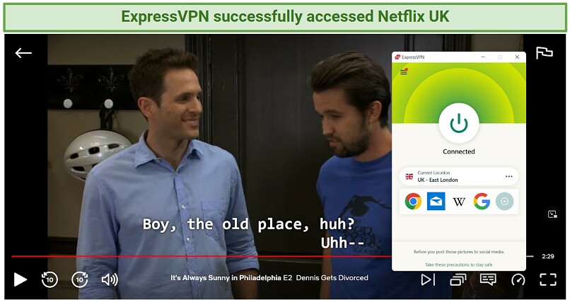 A screenshot of an episode of It's Always Sunny in Philadelphia streaming on Netflix UK using ExpressVPN