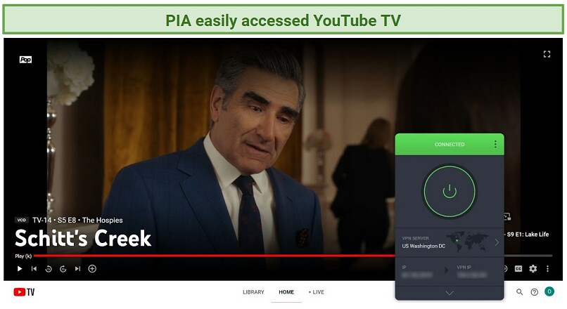 A screenshot of an episode of the Schitt's Creek streaming on YouTube TV