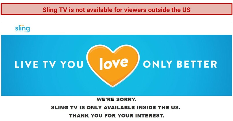 A screenshot of an error message when trying to access Sling TV outside of the US that says: 