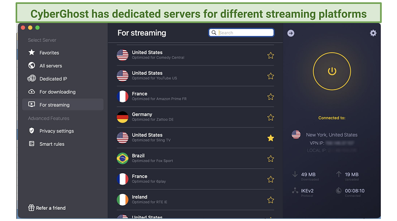 A list of streaming platforms that CyberGhost has streaming optimized servers for