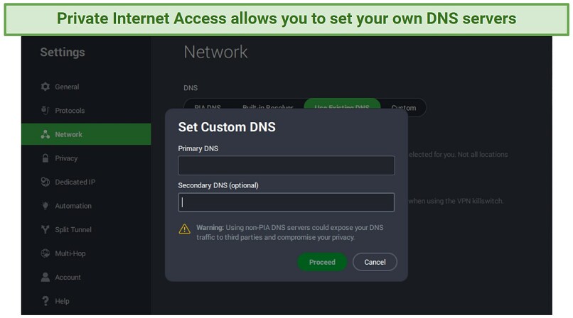 Screenshot showing Custom DNS settings in Private Internet Access app