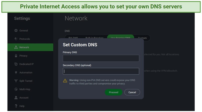 Captura de pantalla que muestra la configuración de DNS personalizada en la aplicación privada de acceso a Internet