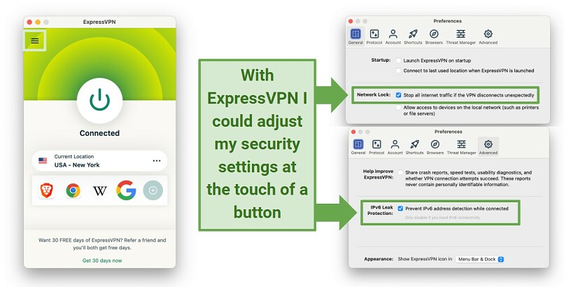 Screenshot showing the Preferences window of the ExpressVPN app with Network Lock and IPv6 Leak Protection enabled