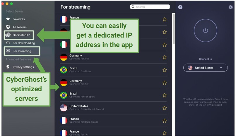 Screenshot of the CyberGhost app showing dedicated IPs and streaming optimized servers