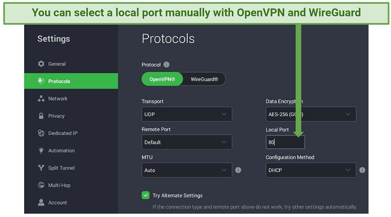 Screenshot showing manual port selection in Private Internet Access' VPN settings menu