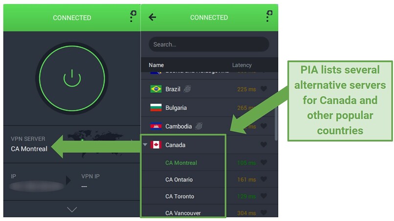 Private Internet Access' server list displaying 4 different Canadian location options.