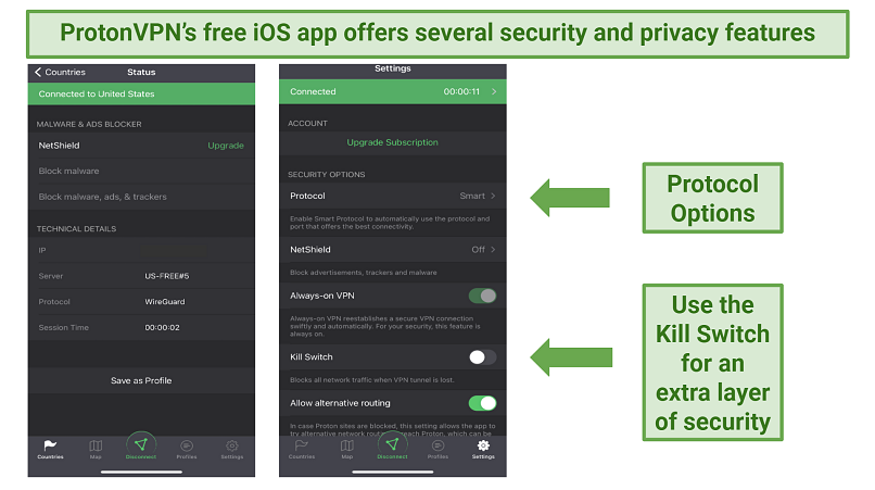 Screenshot of ProtonVPN's iOS app