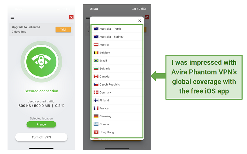 Avira Phantom VPN दिखाने वाले स्क्रीनशॉट