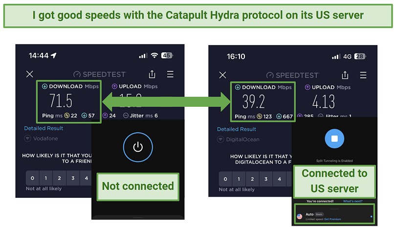 screenshot of speed tests with Hotspot Shield's free iOS app