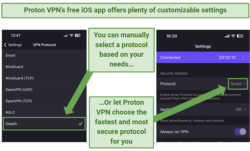 Capture d'écran de l'application Proton VPN iOS