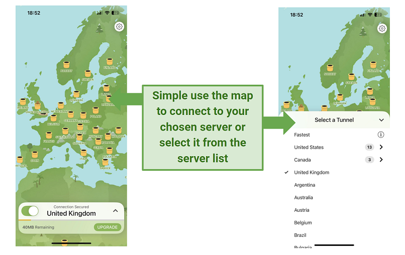 Screenshots of TunnelBear's server map and list