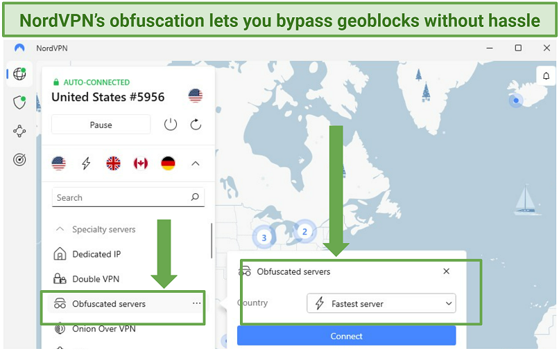 Screenshot of NordVPN's obfuscated server options