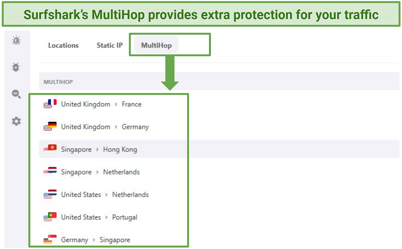 Screenshot showing Surfshark's MultiHop feature to double your encryption