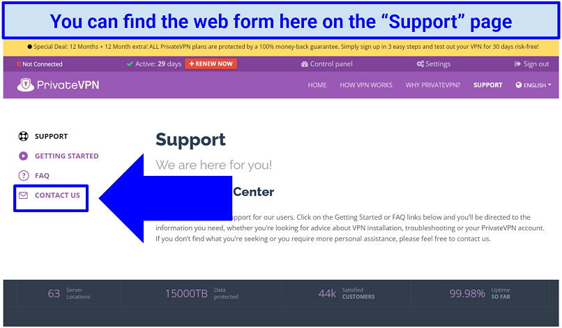 Image showing contact us form on the left of the support page