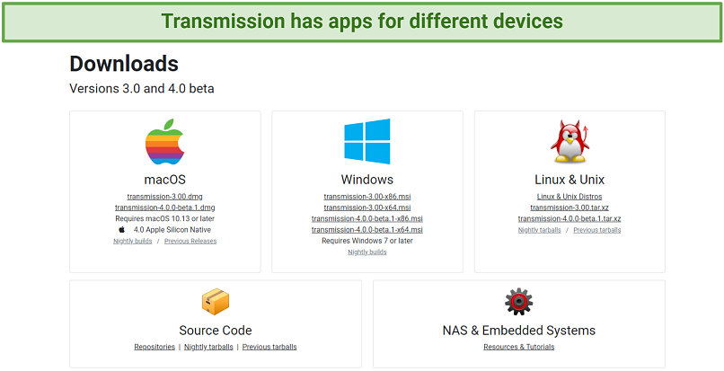 A screenshot showing Transmission has native apps for different devices