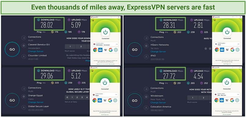 Ookla speed tests results showing ExpressVPN is fast on short and long distant servers