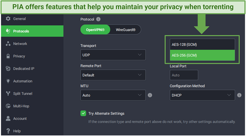 A screenshot showing PIA's choice of encryption and protocol options
