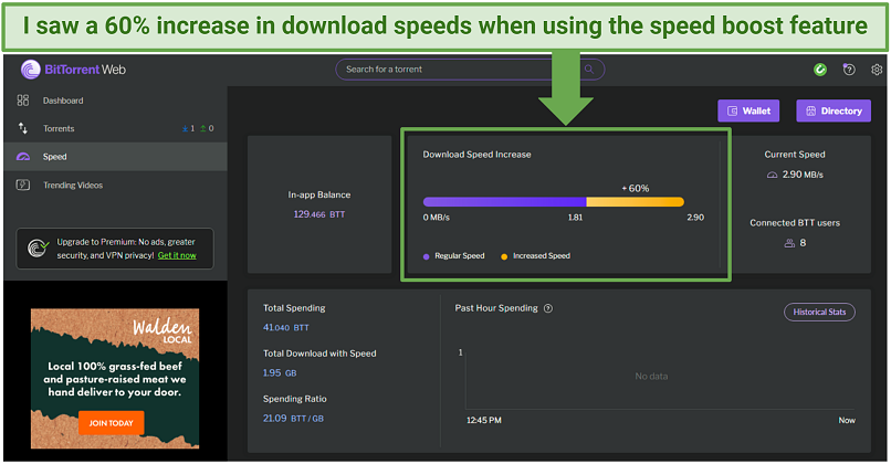 Snímek obrazovky ukazující, že můžete použít funkci BitTorrent Tokenization (BitTorrent Speed), abyste získali rychlejší rychlost stahování