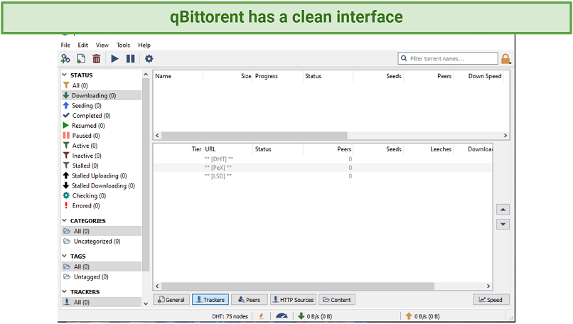 Snímek obrazovky zobrazující QBittorent má čisté rozhraní