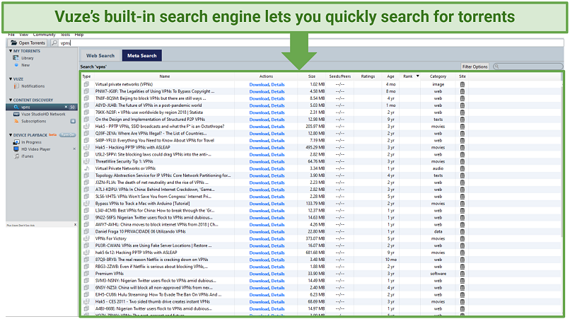 A screenshot showing you can quickly search for torrents with Vuze's built-in search engine