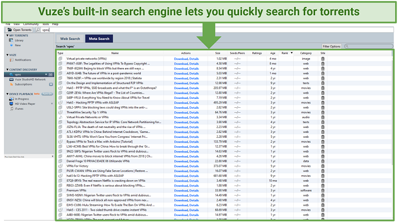 Snímek obrazovky ukazující, že můžete rychle hledat torrenty s Vuze