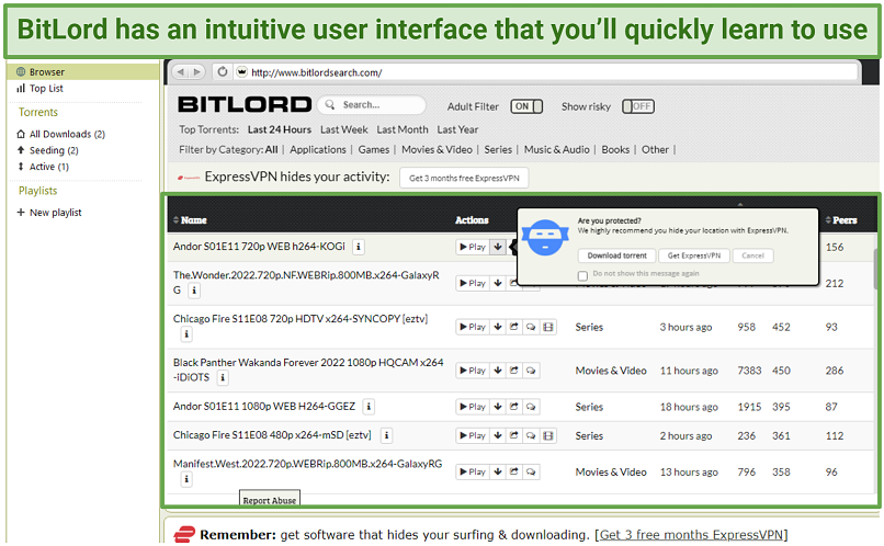Screenshot showing BitLord's intuitive interface design