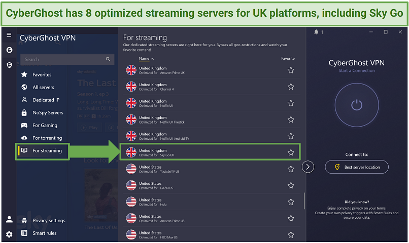 Screenshot of CyberGhost's streaming-optimized servers in the Windows app highlighting its UK Sky Go server