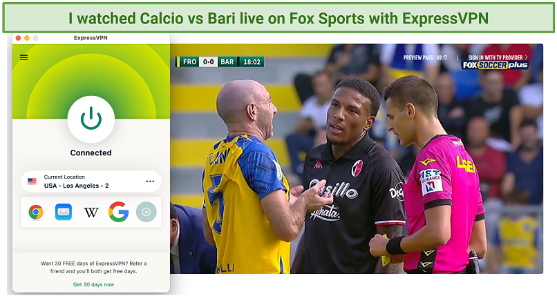 A screenshot of streaming Italian B Serie soccer football match Calcio vs Bari live on Fox Sports using ExpressVPN's Los Angeles server