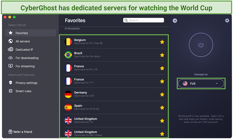 A screenshot of CyberGhost's streaming optimized servers for platforms airing the FIFA World Cup live