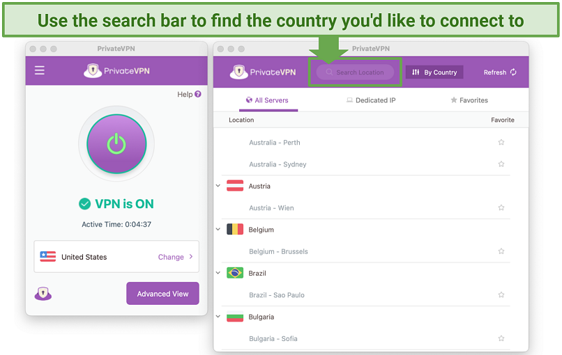 Screenshot of PrivateVPN's easy-to-use interface and search bar