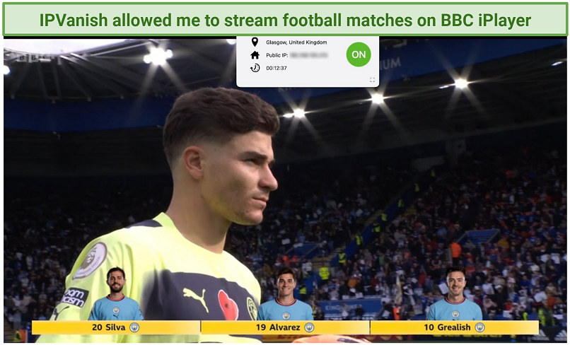 Screenshot showing IPVanish can access BBC iPlayer