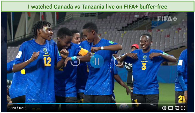 A screenshot of streaming a football match Canada vs Tanzania on FIFA+