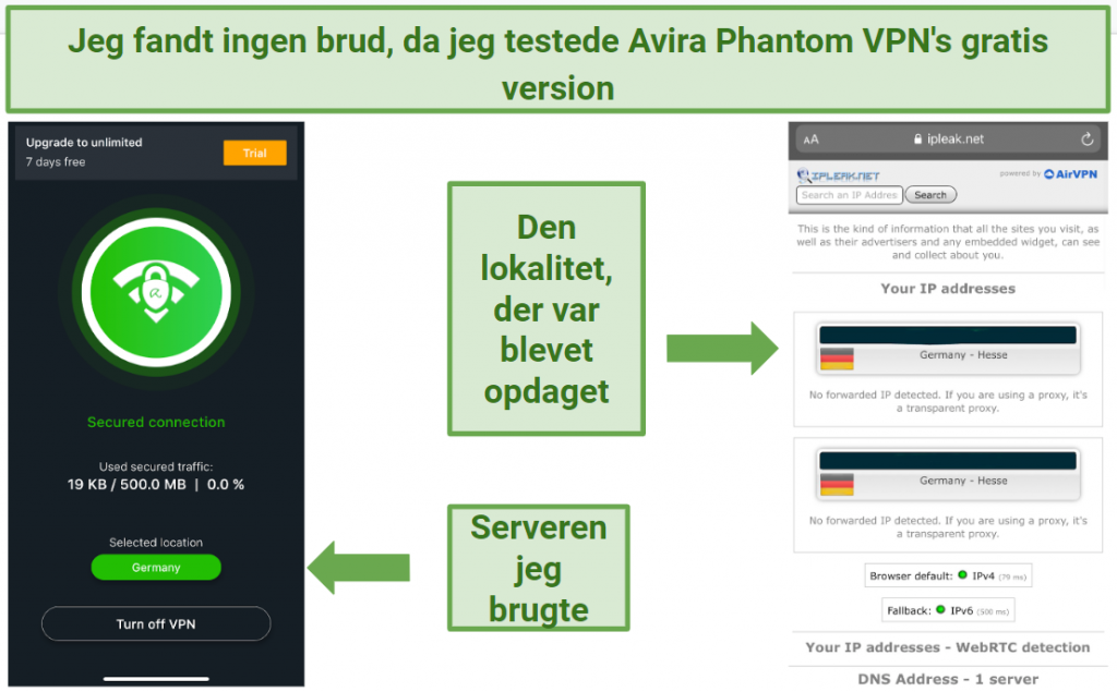 Screenshot of Avira Phantom VPN's iOS app