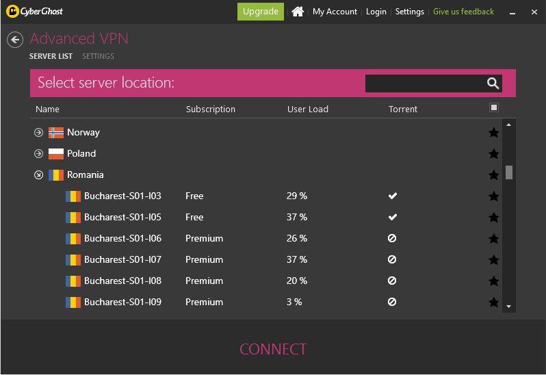 screenshot of CyberGhost's Advanced VPN setting