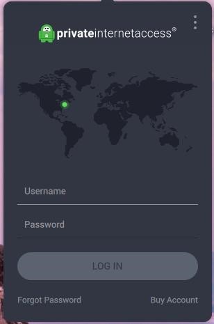 Screenshot of PIA's app user interface and login page