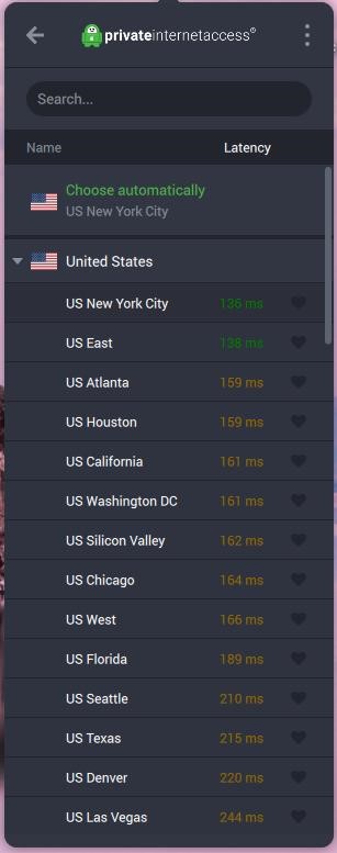 Screenshot of PIA's server network in the US