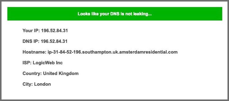 Screenshot of PIA's DNS leak test.
