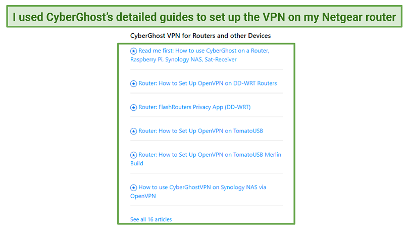 A screenshot of CyberGhost's router setup page displaying the instruction guides for different routers.