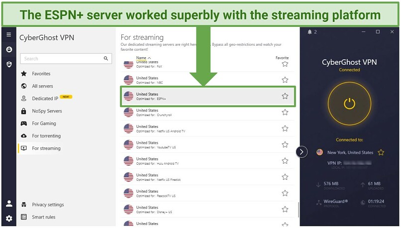 Screenshot of the CybeGhost interface showing the different streaming-optimized servers in the US