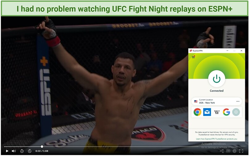 Screenshot of a UFC Fight replay playing on ESPN+ with ExpressVPN connected to the New York server