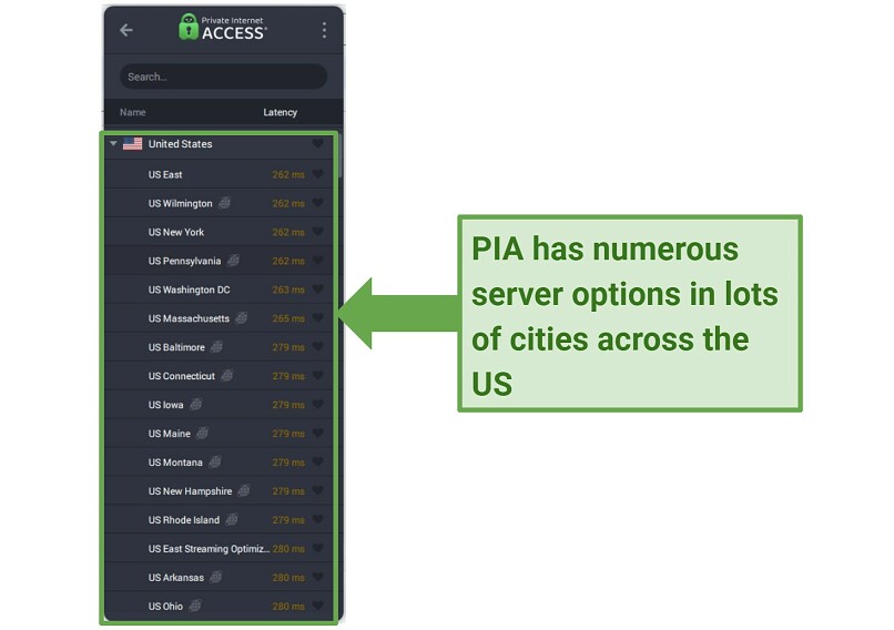 Screenshot of the PIA interface showing some of the available servers in the US