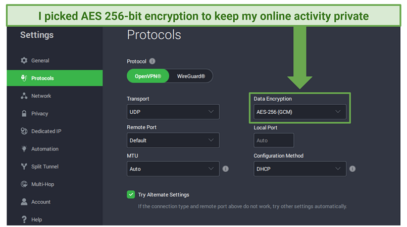 A screenshot showing you can protect your connection to the router with PIA's 256-bit encyption