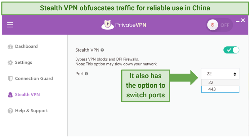 PrivateVPN app displaying Stealth VPN and different port options