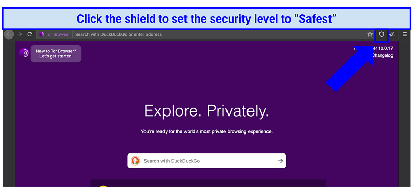 The Tor browser homepage with indication of where to locate the shield icon for adjusting security level preferences